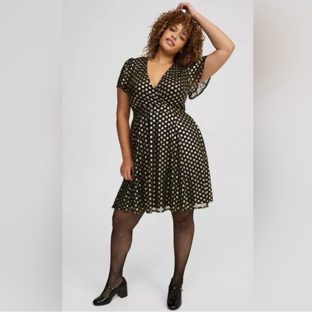 torrid Black Wrap Dress with Gold Polka Dots